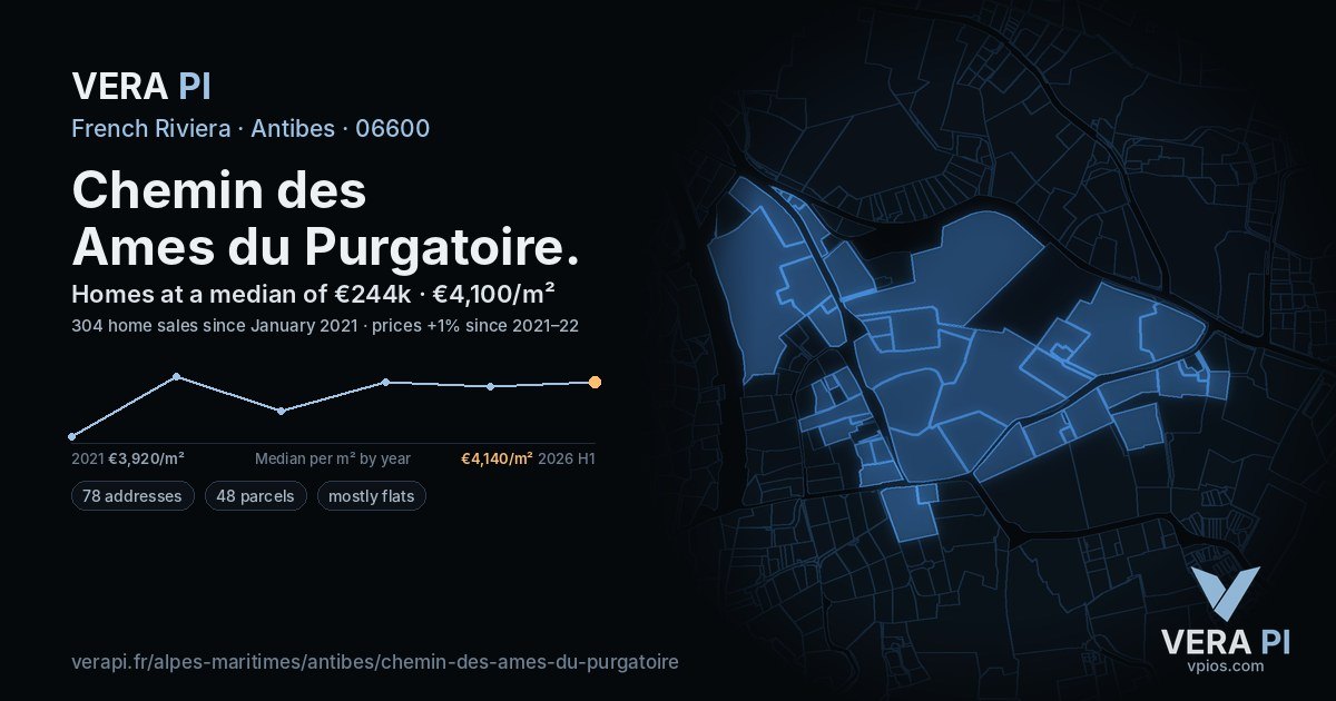 Chemin des Ames du Purgatoire, Antibes at night – every parcel coloured by the prices around it, the street's own parcels lit