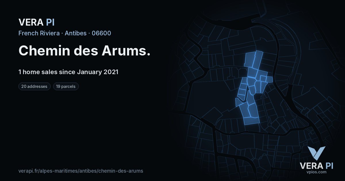 Chemin des Arums, Antibes at night – every parcel coloured by the prices around it, the street's own parcels lit