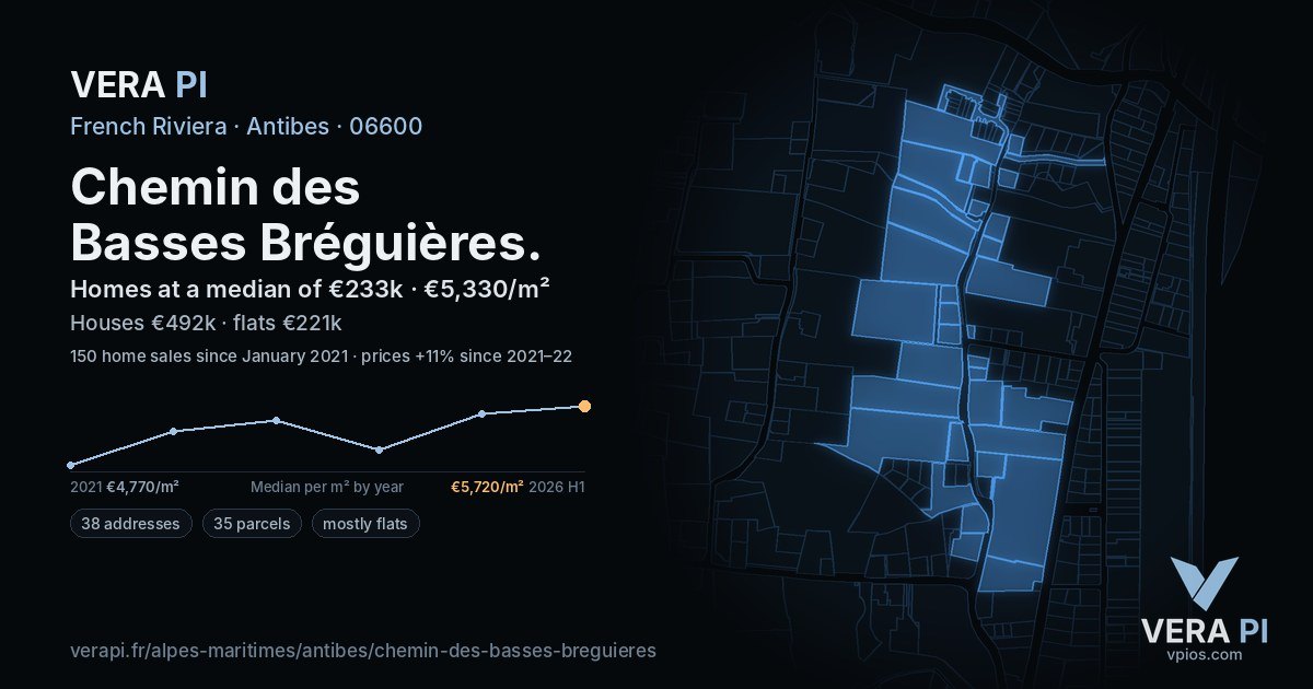 Chemin des Basses Bréguières, Antibes at night – every parcel coloured by the prices around it, the street's own parcels lit