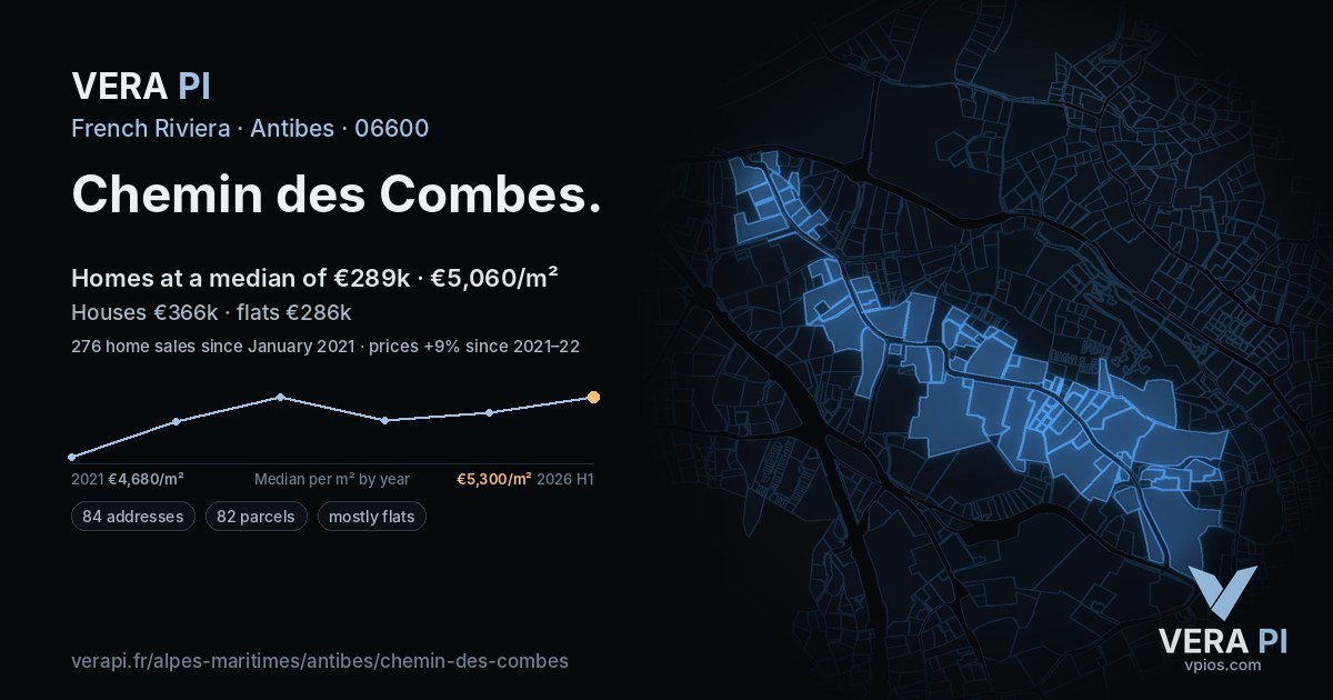 Chemin des Combes, Antibes at night – every parcel coloured by the prices around it, the street's own parcels lit