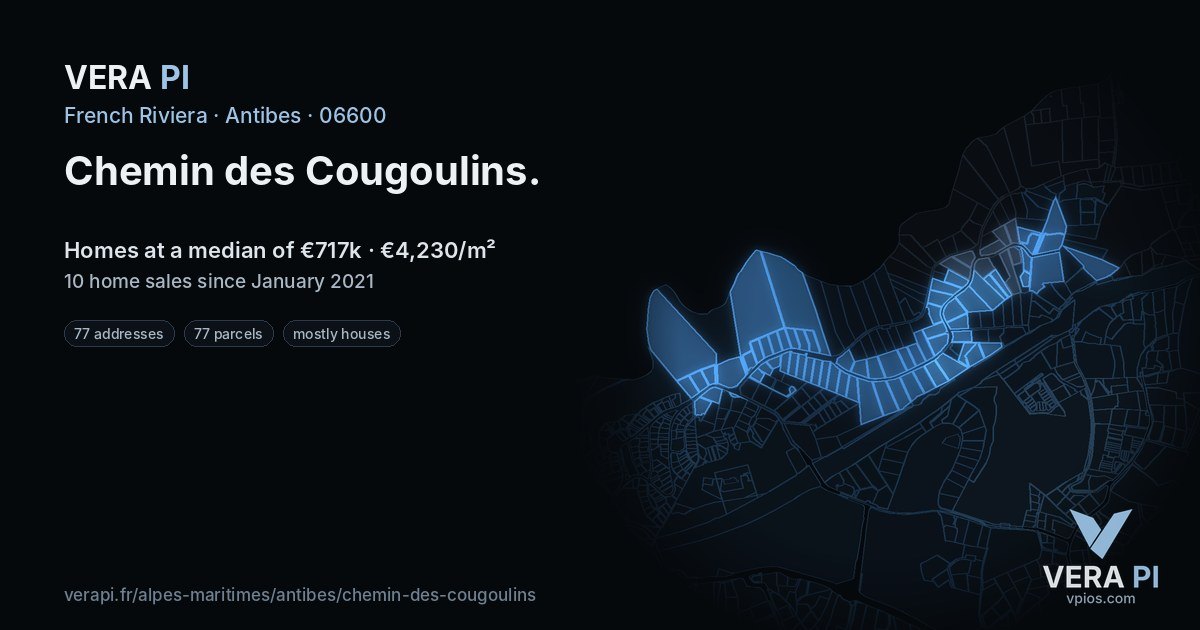 Chemin des Cougoulins, Antibes at night – every parcel coloured by the prices around it, the street's own parcels lit