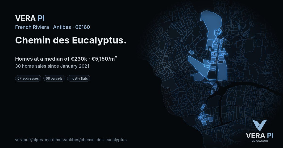 Chemin des Eucalyptus, Antibes at night – every parcel coloured by the prices around it, the street's own parcels lit