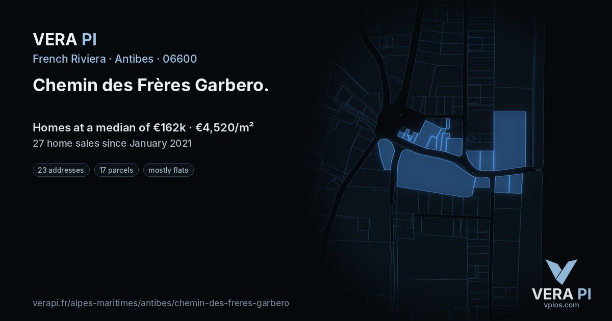 Chemin des Frères Garbero, Antibes at night – every parcel coloured by the prices around it, the street's own parcels lit