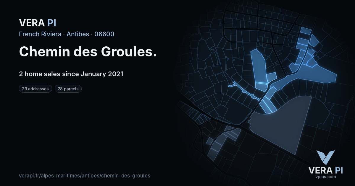Chemin des Groules, Antibes at night – every parcel coloured by the prices around it, the street's own parcels lit