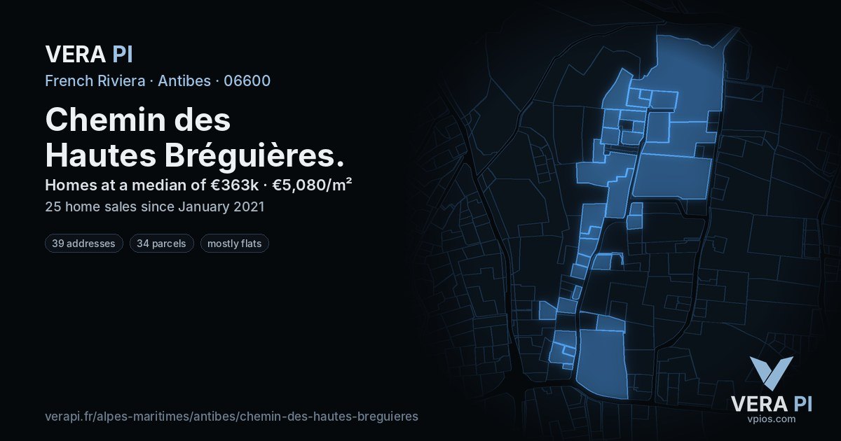 Chemin des Hautes Bréguières, Antibes at night – every parcel coloured by the prices around it, the street's own parcels lit