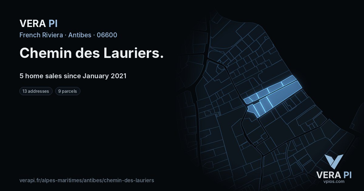 Chemin des Lauriers, Antibes at night – every parcel coloured by the prices around it, the street's own parcels lit