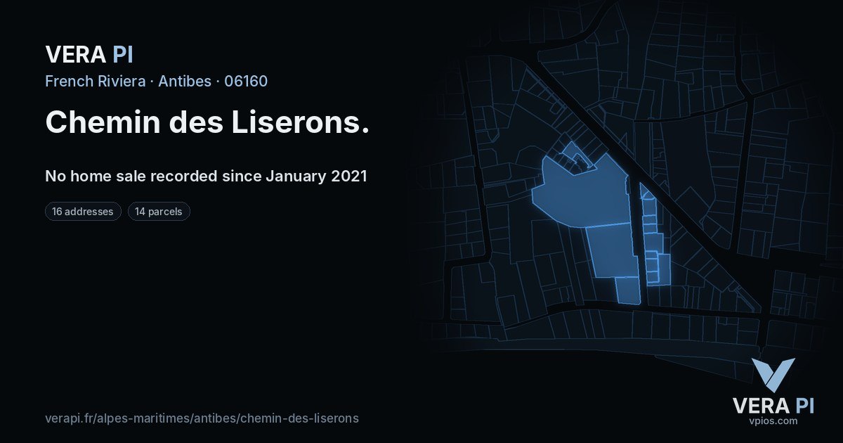 Chemin des Liserons, Antibes at night – every parcel coloured by the prices around it, the street's own parcels lit