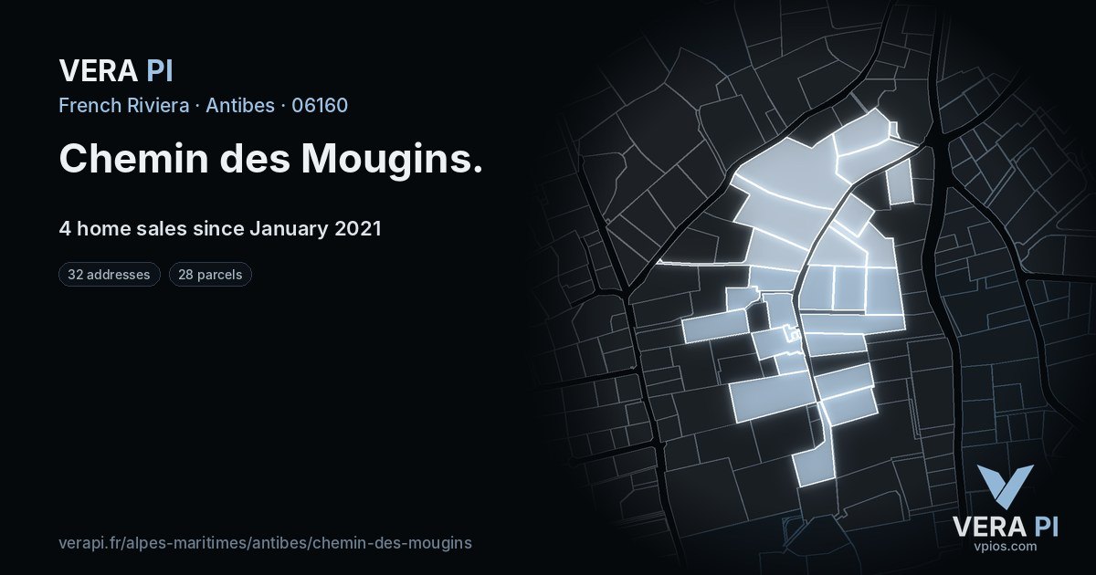 Chemin des Mougins, Antibes at night – every parcel coloured by the prices around it, the street's own parcels lit