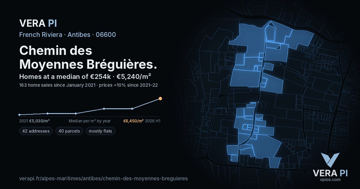 Chemin des Moyennes Bréguières, Antibes at night – every parcel coloured by the prices around it, the street's own parcels lit