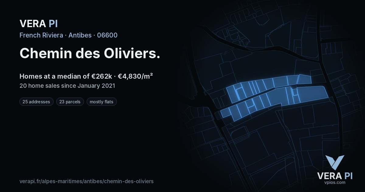 Chemin des Oliviers, Antibes at night – every parcel coloured by the prices around it, the street's own parcels lit