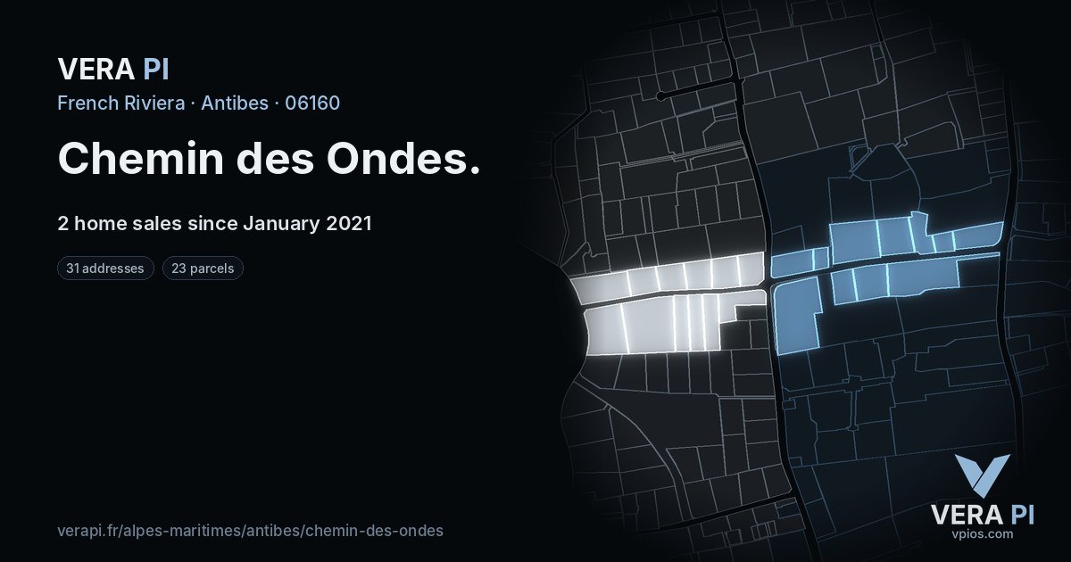 Chemin des Ondes, Antibes at night – every parcel coloured by the prices around it, the street's own parcels lit