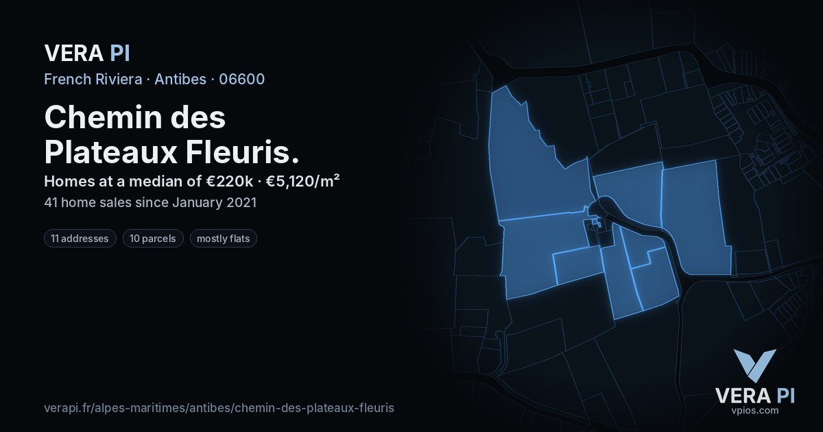 Chemin des Plateaux Fleuris, Antibes at night – every parcel coloured by the prices around it, the street's own parcels lit