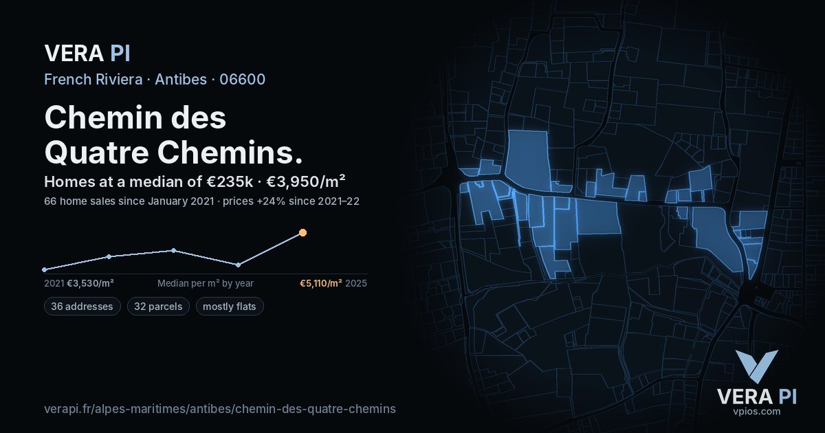 Chemin des Quatre Chemins, Antibes at night – every parcel coloured by the prices around it, the street's own parcels lit