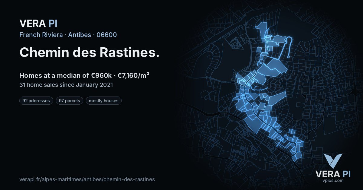 Chemin des Rastines, Antibes at night – every parcel coloured by the prices around it, the street's own parcels lit