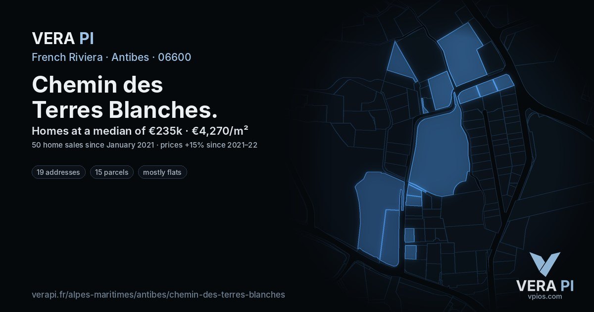 Chemin des Terres Blanches, Antibes at night – every parcel coloured by the prices around it, the street's own parcels lit