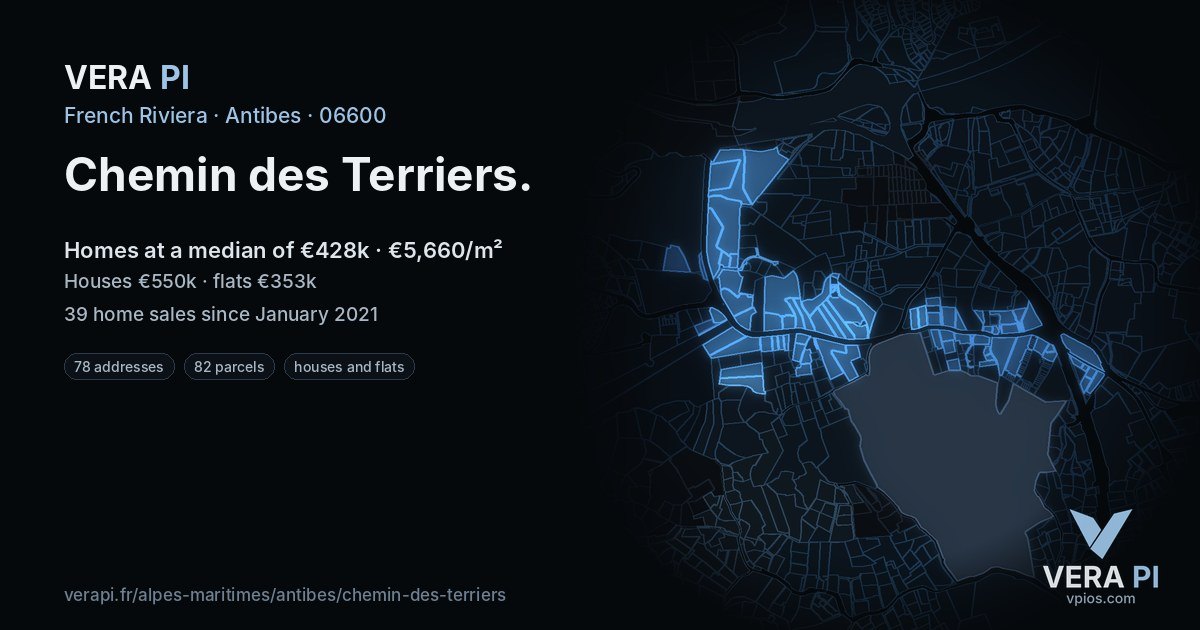 Chemin des Terriers, Antibes at night – every parcel coloured by the prices around it, the street's own parcels lit