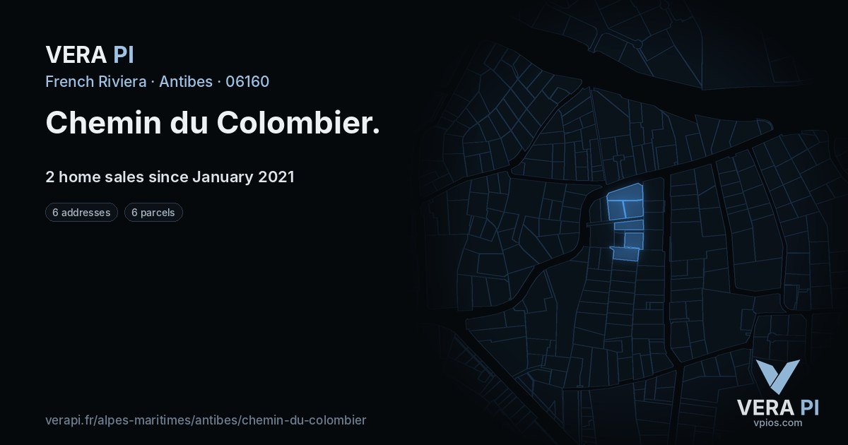 Chemin du Colombier, Antibes at night – every parcel coloured by the prices around it, the street's own parcels lit