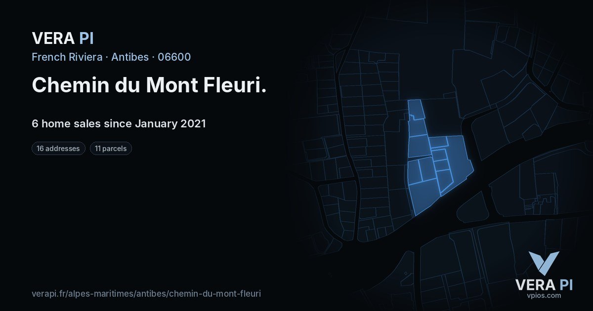 Chemin du Mont Fleuri, Antibes at night – every parcel coloured by the prices around it, the street's own parcels lit