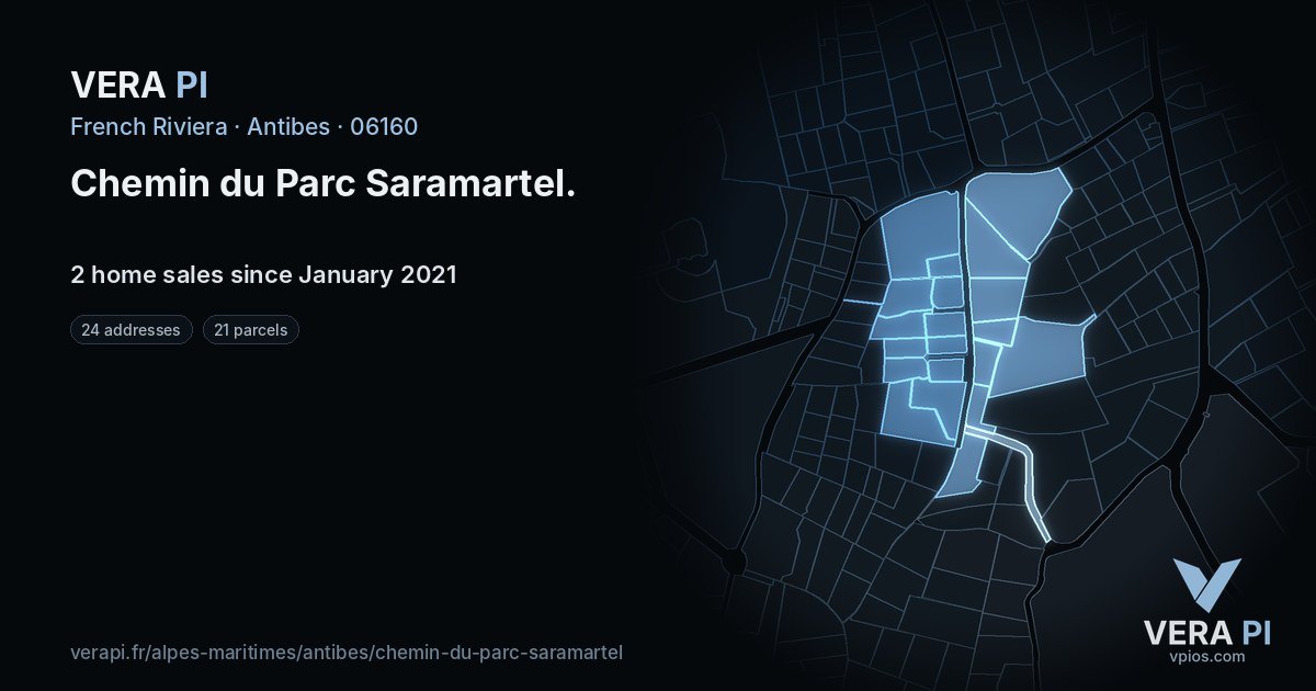 Chemin du Parc Saramartel, Antibes at night – every parcel coloured by the prices around it, the street's own parcels lit