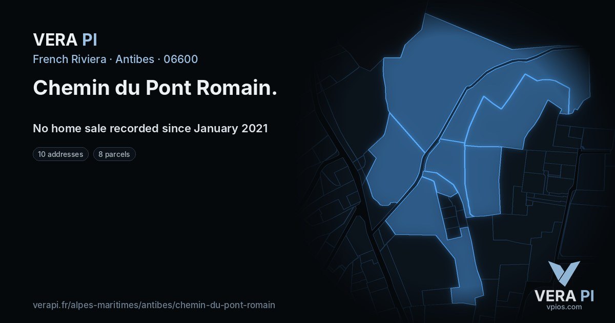 Chemin du Pont Romain, Antibes at night – every parcel coloured by the prices around it, the street's own parcels lit