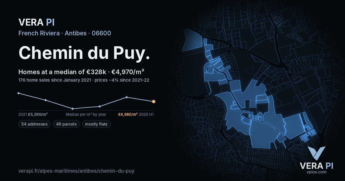 Chemin du Puy, Antibes at night – every parcel coloured by the prices around it, the street's own parcels lit
