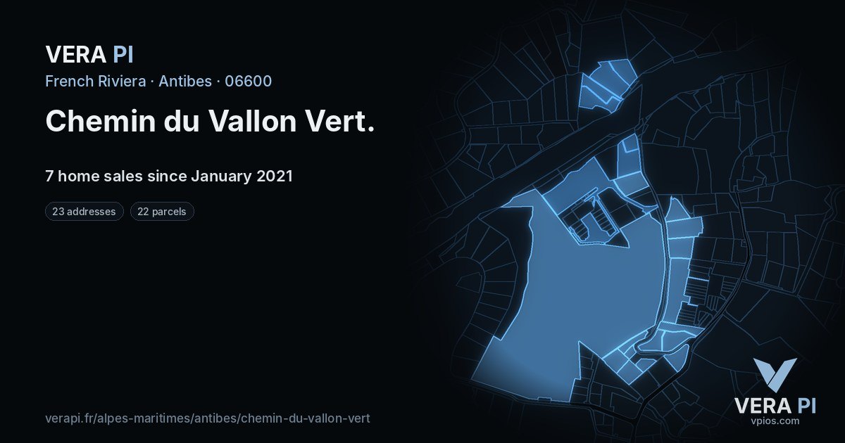 Chemin du Vallon Vert, Antibes at night – every parcel coloured by the prices around it, the street's own parcels lit