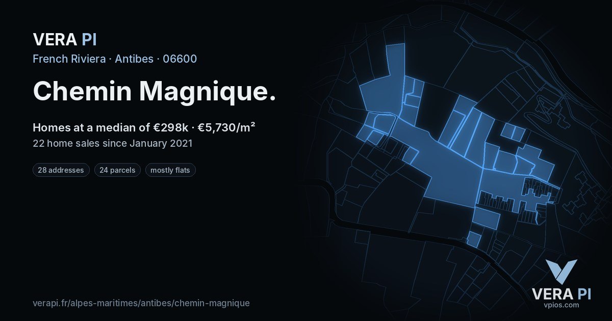 Chemin Magnique, Antibes at night – every parcel coloured by the prices around it, the street's own parcels lit