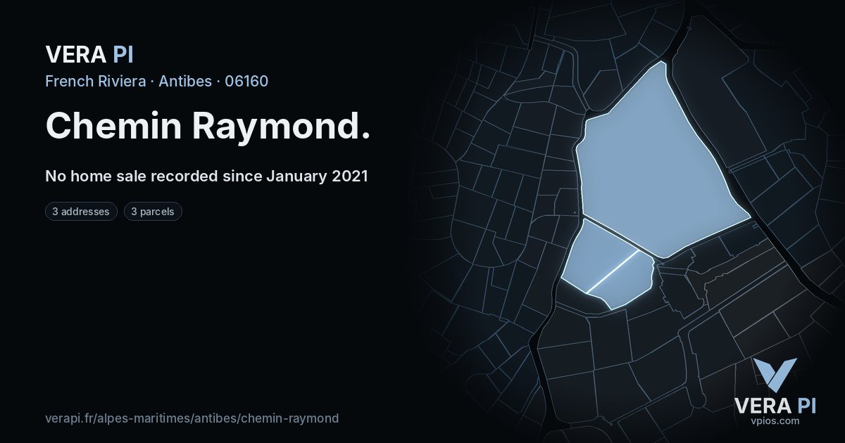 Chemin Raymond, Antibes at night – every parcel coloured by the prices around it, the street's own parcels lit