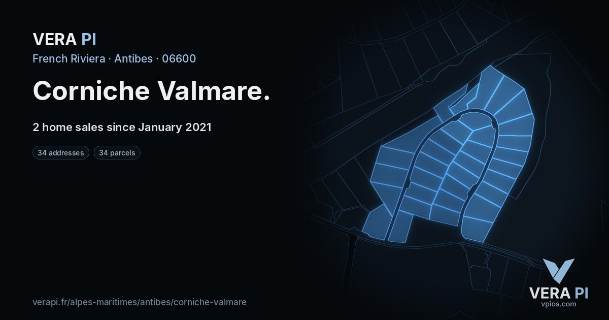 Corniche Valmare, Antibes at night – every parcel coloured by the prices around it, the street's own parcels lit