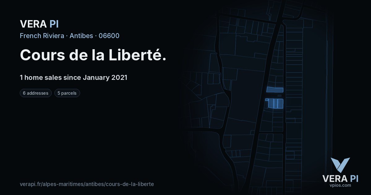 Cours de la Liberté, Antibes at night – every parcel coloured by the prices around it, the street's own parcels lit