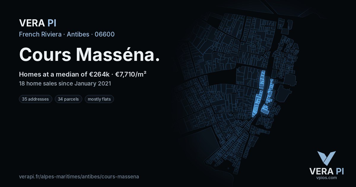 Cours Masséna, Antibes at night – every parcel coloured by the prices around it, the street's own parcels lit