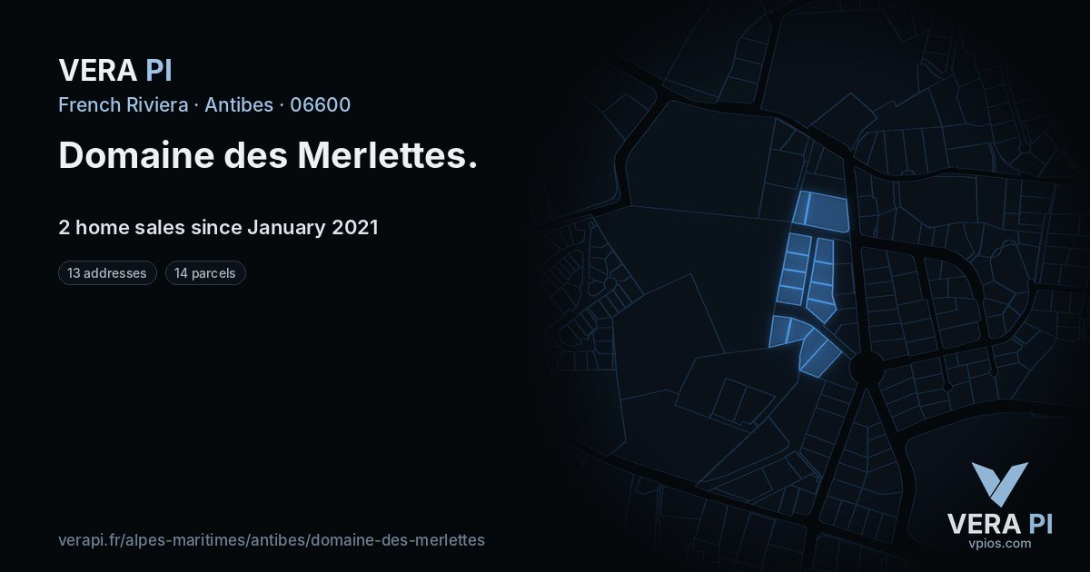 Domaine des Merlettes, Antibes at night – every parcel coloured by the prices around it, the street's own parcels lit