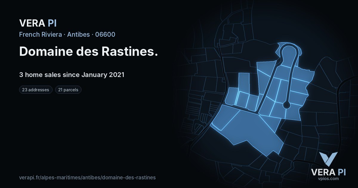 Domaine des Rastines, Antibes at night – every parcel coloured by the prices around it, the street's own parcels lit