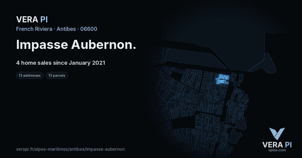 Impasse Aubernon, Antibes at night – every parcel coloured by the prices around it, the street's own parcels lit