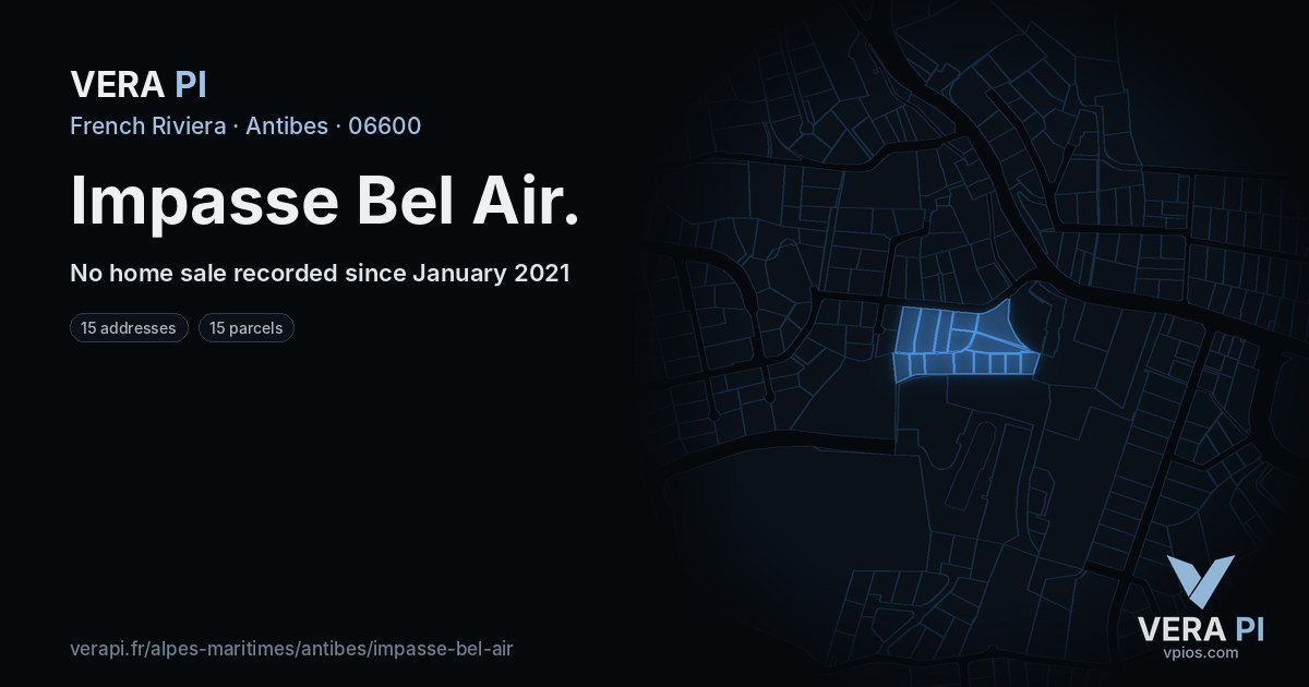 Impasse Bel Air, Antibes at night – every parcel coloured by the prices around it, the street's own parcels lit