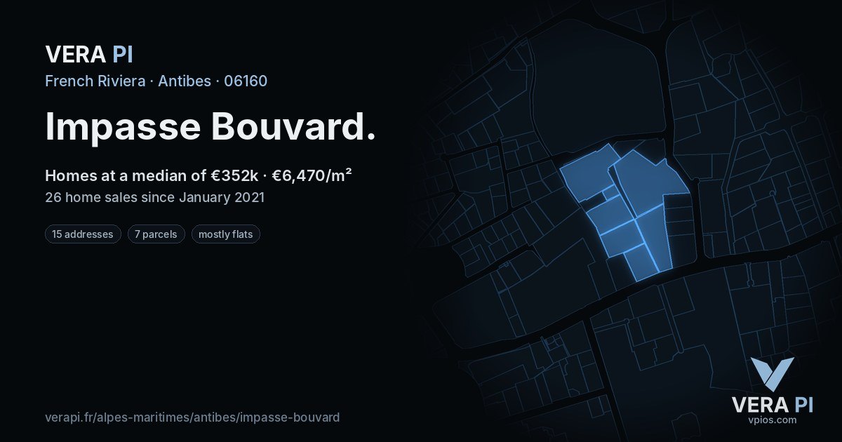 Impasse Bouvard, Antibes at night – every parcel coloured by the prices around it, the street's own parcels lit