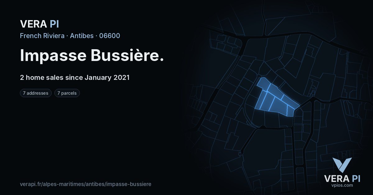 Impasse Bussière, Antibes at night – every parcel coloured by the prices around it, the street's own parcels lit