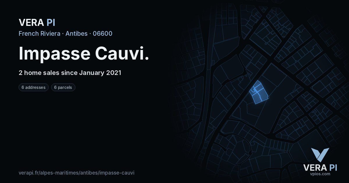 Impasse Cauvi, Antibes at night – every parcel coloured by the prices around it, the street's own parcels lit