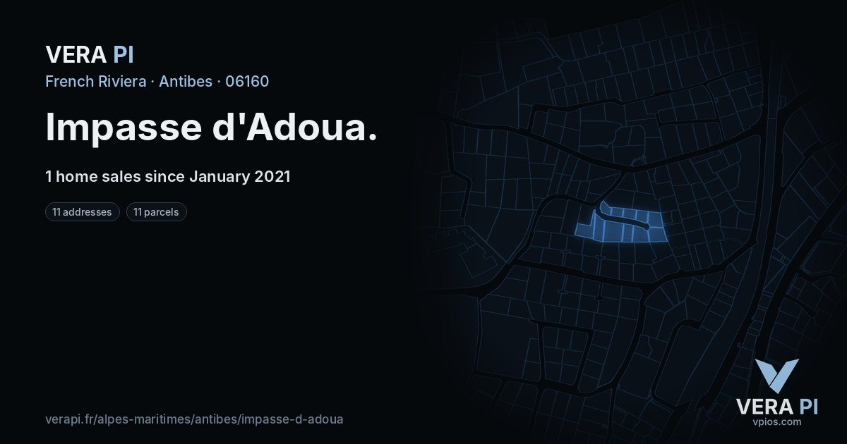 Impasse d'Adoua, Antibes at night – every parcel coloured by the prices around it, the street's own parcels lit