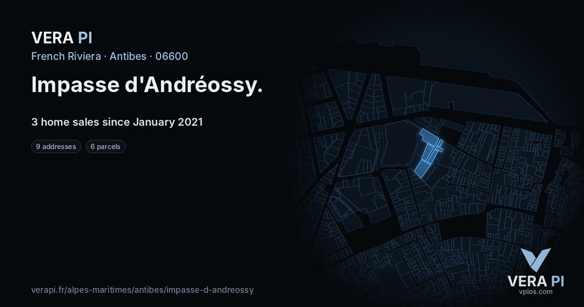 Impasse d'Andréossy, Antibes at night – every parcel coloured by the prices around it, the street's own parcels lit