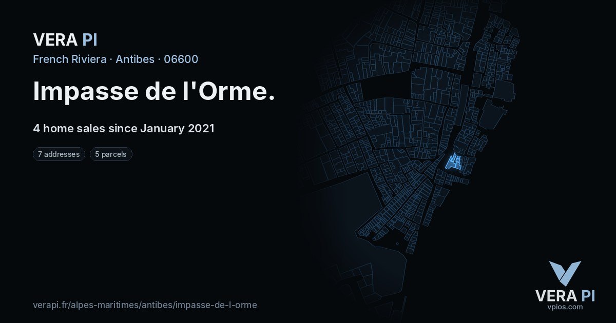 Impasse de l'Orme, Antibes at night – every parcel coloured by the prices around it, the street's own parcels lit