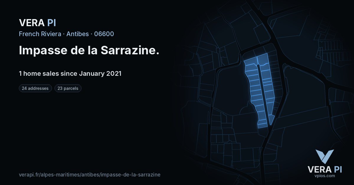 Impasse de la Sarrazine, Antibes at night – every parcel coloured by the prices around it, the street's own parcels lit