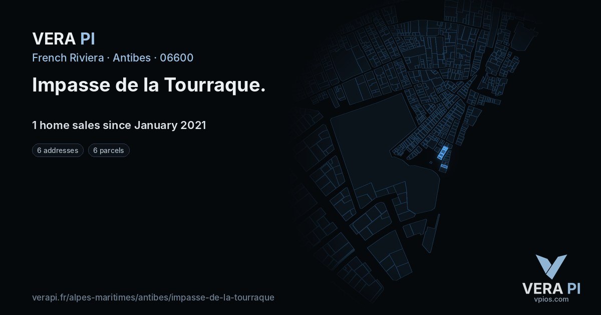 Impasse de la Tourraque, Antibes at night – every parcel coloured by the prices around it, the street's own parcels lit