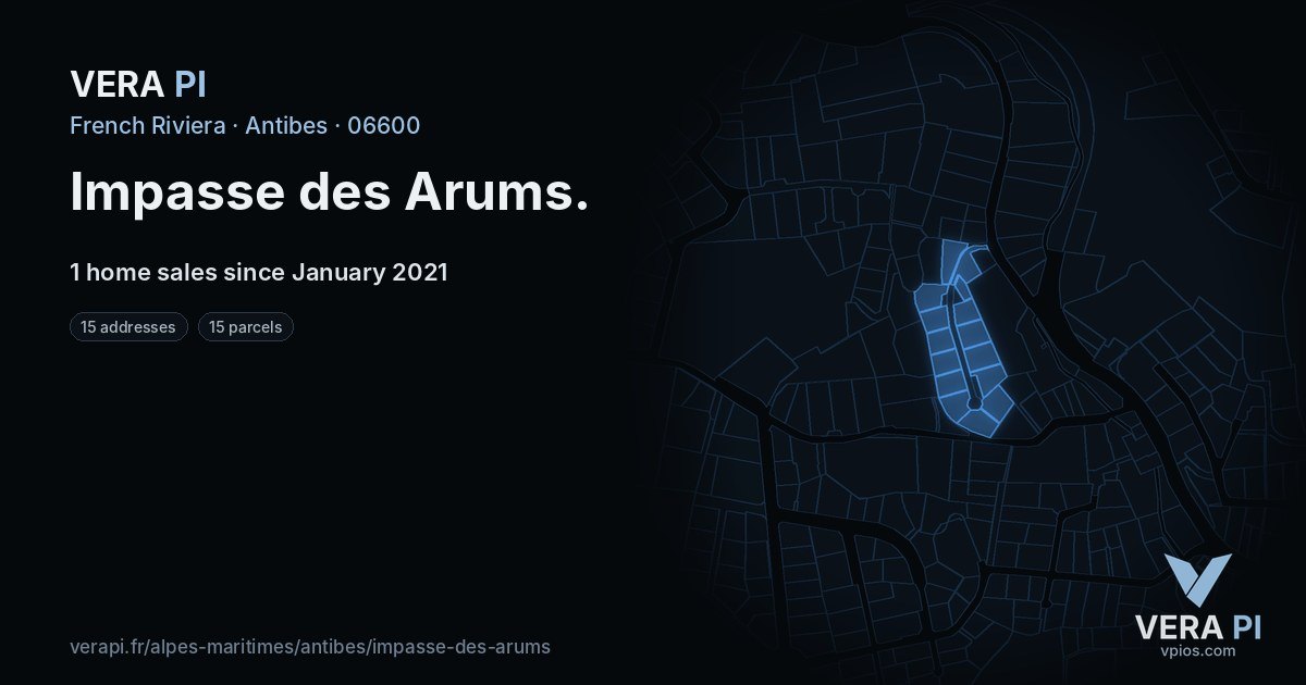 Impasse des Arums, Antibes at night – every parcel coloured by the prices around it, the street's own parcels lit