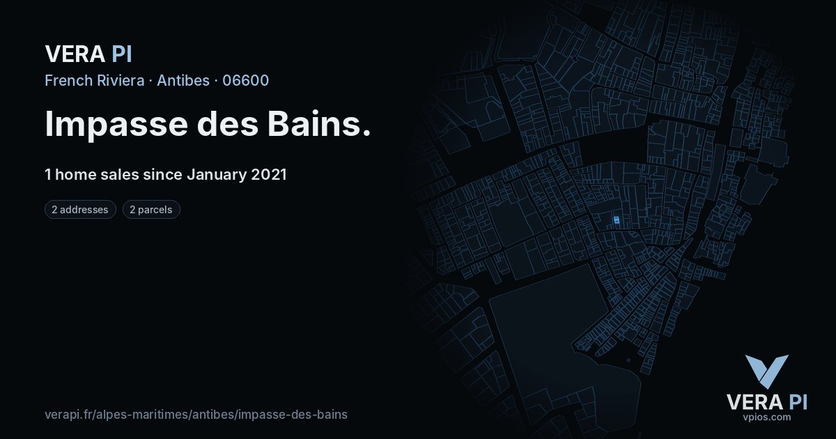 Impasse des Bains, Antibes at night – every parcel coloured by the prices around it, the street's own parcels lit