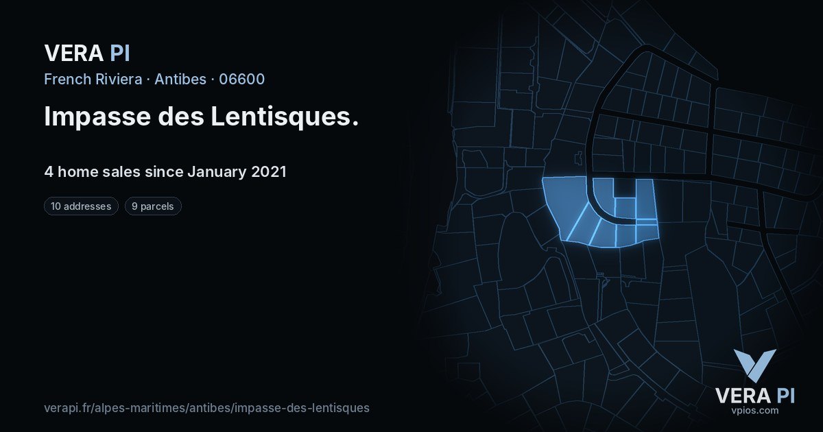 Impasse des Lentisques, Antibes at night – every parcel coloured by the prices around it, the street's own parcels lit