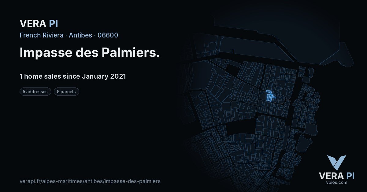 Impasse des Palmiers, Antibes at night – every parcel coloured by the prices around it, the street's own parcels lit