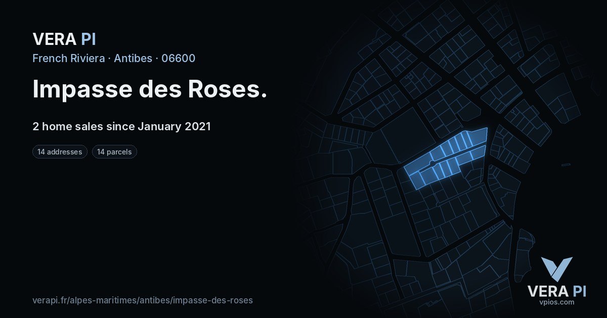 Impasse des Roses, Antibes at night – every parcel coloured by the prices around it, the street's own parcels lit