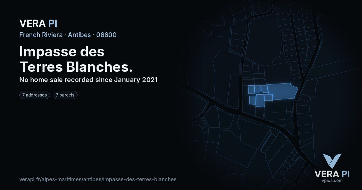 Impasse des Terres Blanches, Antibes at night – every parcel coloured by the prices around it, the street's own parcels lit
