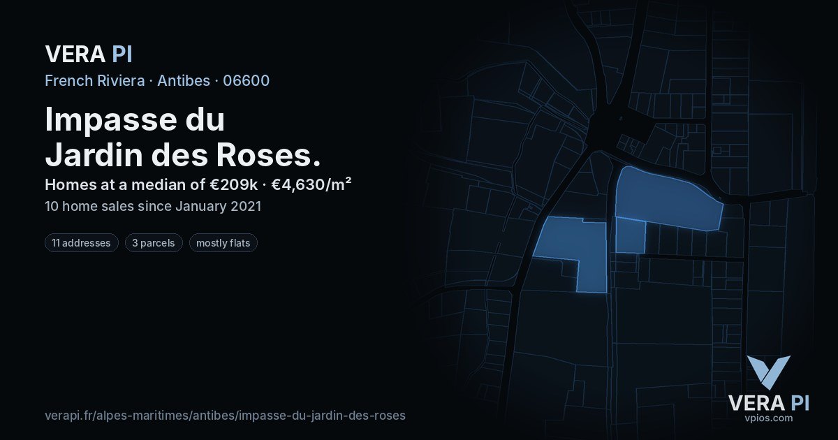 Impasse du Jardin des Roses, Antibes at night – every parcel coloured by the prices around it, the street's own parcels lit